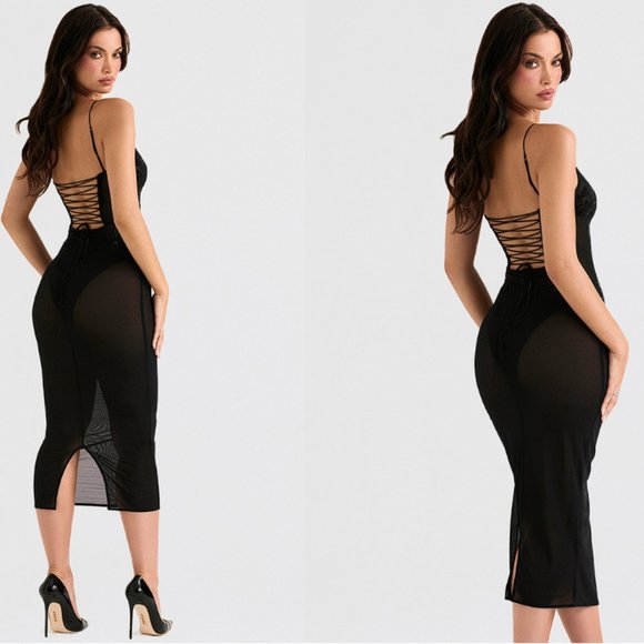 HOUSE OF CB 'Amirah' Black Mesh Crystal Embellished Midi Dress NWOT - Picture 6 of 10